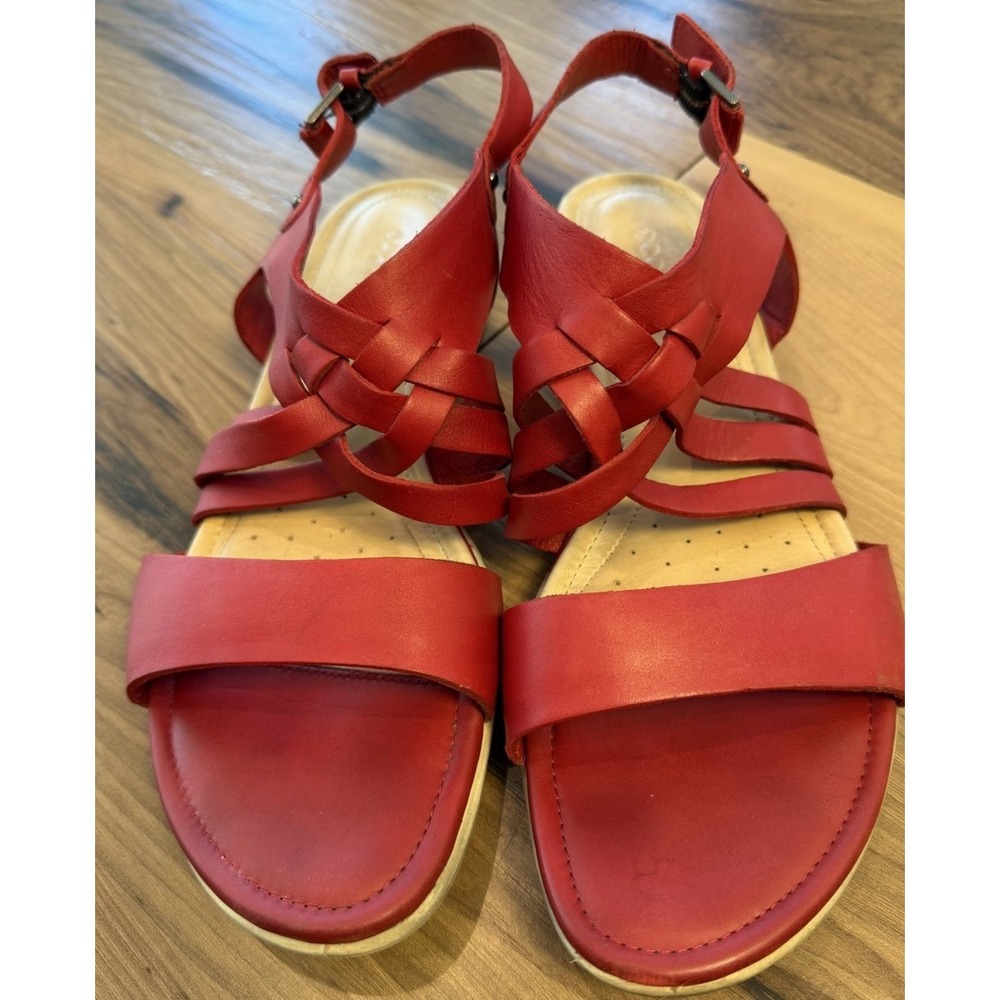 Ecco Red Leather Woven Ankle-Strap Sandals